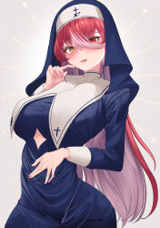Rule 34 | 1girl, absurdres, amemiya arikapu, blush, breast curtains, breasts, colored inner hair, habit, heterochromia, highres, hololive, houshou marine, houshou marine (nun), large breasts, long hair, looking at viewer, multicolored hair, nail polish, open mouth, pink hair, red eyes, red hair, red nails, solo, streaked hair, virtual youtuber, yellow eyes