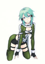 Rule 34 | 10s, 1girl, aqua hair, bad id, bad pixiv id, black gloves, blue eyes, breasts, cleavage, closed mouth, expressionless, female focus, fingerless gloves, gloves, green eyes, green hair, kyoeiki, long sleeves, looking at viewer, matching hair/eyes, scarf, short hair, short shorts, shorts, simple background, sinon, solo, sword art online, white background