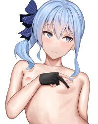 Rule 34 | 1girl, averting eyes, black gloves, blue eyes, blue hair, breasts, closed mouth, completely nude, gloves, hair between eyes, hand up, high side ponytail, highres, hololive, hoshimachi suisei, nipples, nude, partially fingerless gloves, simple background, small breasts, solo, star (symbol), star in eye, symbol in eye, tuna (111 tuna), upper body, v, virtual youtuber, wavy hair, wavy mouth, white background