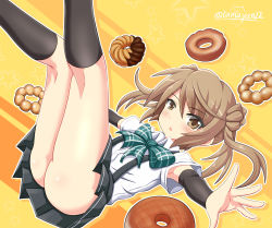 Rule 34 | 10s, 1girl, arm warmers, ass, bow, brown eyes, brown hair, doughnut, dress shirt, food, french cruller, hair bow, highres, kantai collection, long hair, looking at viewer, michishio (kancolle), outstretched arms, plaid, plaid bow, shirt, skirt, solo, suspenders, tamayan, twintails, twitter username
