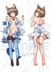 Rule 34 | 10s, 1boy, :3, :d, animal ears, ankle ribbon, arm ribbon, ass, bare legs, bare shoulders, barefoot, bed sheet, black legwear, blue dress, blue legwear, blue neckwear, blue ribbon, blush, bob cut, bolo tie, bow, brown eyes, brown hair, cat boy, cat ears, cat tail, choker, clenched hands, closed mouth, collarbone, commentary request, convenient censoring, dakimakura (medium), detached sleeves, dot nose, dress, dress bow, fang, feet, felix argyle, frilled dress, frilled legwear, frills, from above, from behind, full body, ginhaha, hair bow, hair ribbon, hand up, hands up, head tilt, jewelry, large bow, layered dress, leg ribbon, legs, looking at viewer, looking back, lying, male focus, multiple views, navel, no detached sleeves, no panties, no shoes, nose blush, on back, on stomach, open mouth, pantyhose, parted bangs, pendant, petite, re:zero kara hajimeru isekai seikatsu, ribbon, sample watermark, short dress, short eyebrows, short hair, shoulder blades, smile, soles, spaghetti strap, stomach, strap slip, striped clothes, striped dress, striped legwear, striped ribbon, tail, tail censor, text focus, thick eyebrows, thighhighs, thighhighs over pantyhose, toeless legwear, toes, torn clothes, torn dress, translation request, trap, vertical-striped clothes, vertical-striped dress, vertical-striped legwear, watermark, white bow, white dress