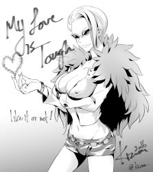 Rule 34 | 1girl, breasts, cheese neko3, cleavage, covered erect nipples, donquixote doflamingo, earrings, english text, feather coat, genderswap, genderswap (mtf), jewelry, large breasts, monochrome, navel, one piece, shirt, short hair, shorts, smile, solo