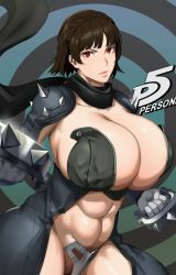 Rule 34 | 1girl, abs, adapted costume, alternate breast size, braid, breasts, brown hair, cleavage, copyright name, crown braid, gloves, huge breasts, kunaboto, looking at viewer, niijima makoto, persona, persona 5, red eyes, revealing clothes, short hair, shoulder spikes, solo, spiked knuckles, spikes