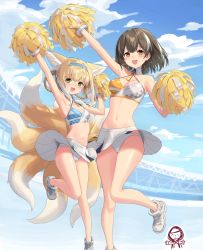 Rule 34 | 2girls, :d, absurdres, animal ears, arknights, arms up, blue archive, blue hairband, blue sky, blue sports bra, braid, breasts, brown hair, cheerleader, cleavage, cosplay, crotch seam, detached collar, fox ears, fox girl, fox tail, hairband, hibiki (blue archive), highres, kitsune, kotori (blue archive), kotori (blue archive) (cosplay), kotori (cheer squad) (blue archive), magallan (arknights), material growth, medium hair, millennium cheerleader outfit (blue archive), multicolored hair, multiple girls, multiple tails, open mouth, orange sports bra, oripathy lesion (arknights), outdoors, panties, shoes, sigm@, skirt, sky, small breasts, smile, sports bra, streaked hair, suzuran (arknights), tail, thighhighs, two-tone bra, underwear, upskirt, white footwear, white hair, white panties, white skirt, white sports bra, white thighhighs