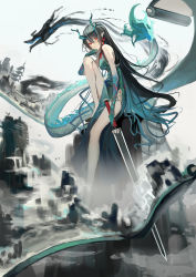 Rule 34 | 1girl, absurdres, aqua dress, arknights, bare legs, bare shoulders, black hair, breasts, china dress, chinese clothes, commentary request, dress, dusk (arknights), dusk (everything is a miracle) (arknights), highres, holding, holding sword, holding weapon, horns, knee up, long hair, looking at viewer, medium breasts, natsuba002, official alternate costume, partial commentary, red eyes, sitting, sleeveless, sleeveless dress, solo, sword, tail, very long hair, weapon