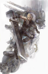 Rule 34 | 1boy, armor, blonde hair, blue eyes, boots, buster sword, christian angel, closed mouth, cloud strife, commentary, english commentary, final fantasy, final fantasy vii, full body, gloves, highres, holding, holding sword, holding weapon, huge weapon, looking to the side, male focus, motor vehicle, motorcycle, ribbed sweater, short hair, shoulder armor, single bare shoulder, sleeveless, sleeveless turtleneck, solo, spiked hair, suspenders, sweater, sword, toned, toned male, turtleneck, turtleneck sweater, weapon