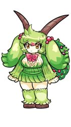 Rule 34 | :3, arms at sides, berry, bow, bowtie, breasts, brown footwear, brown horns, caprity, closed mouth, floppy ears, full body, green hair, green leggings, green skirt, highres, horns, large breasts, leggings, long sleeves, miniskirt, multicolored hair, murasakigezi, orange eyes, palworld, pink bow, pink bowtie, pink hair, pleated skirt, shoes, short hair, simple background, skirt, smile, standing, thick thighs, thighhighs, thighs, two-tone hair, white background, zettai ryouiki
