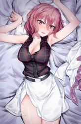 Rule 34 | 1girl, armpits, bare arms, bare shoulders, bed sheet, breasts, buttons, cleavage, collarbone, gunnjou yosio, hair between eyes, head on pillow, highres, horikawa raiko, looking at viewer, lying, medium breasts, on back, pillow, red eyes, red hair, shirt, short hair, side slit, skirt, sleeveless, sleeveless shirt, smile, solo, sweat, touhou, white skirt