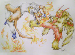 Rule 34 | battle, blaziken, claws, clenched hands, commentary, commission, creatures (company), endivinity, eye contact, fire, furry, game freak, gen 3 pokemon, gen 4 pokemon, grey background, infernape, jumping, kicking, looking at another, nintendo, open mouth, pokemon, pokemon (creature), pokemon dppt, pokemon rse, realistic, sharp teeth, signature, simple background, standing, standing on one leg, tail, teeth, traditional media