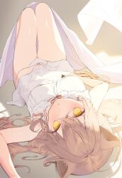 1girl absurdres animal_ears bare_shoulders blanket breasts brown_hair commentary_request crossed_bangs dress hair_between_eyes highres indie_virtual_youtuber knees_up lion_ears lion_girl lion_tail long_hair looking_at_viewer lying on_back panties parted_lips rurudo_lion rurudo_lion_(1st_costume) sleeveless sleeveless_dress solo sundress tachibana_shiro tail thigh_gap thighs underwear upside-down virtual_youtuber white_dress white_panties yellow_eyes