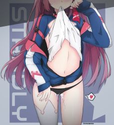 Rule 34 | 1girl, absurdres, azur lane, belly, blush, character name, clothes in mouth, clothes lift, commentary, english commentary, grey background, head out of frame, heart, highres, jacket, lifted by self, long hair, mouth hold, navel, panties, petite, pussy juice, red hair, shirt in mouth, shirt lift, simple background, single thighhigh, solo, spoken heart, stanly (azur lane), stomach, thighhighs, underwear, white thighhighs, xandier59