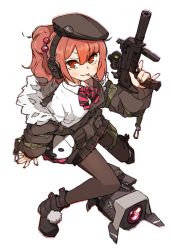 Rule 34 | 1girl, amonitto, ascot, black footwear, black headwear, black pantyhose, blush, boots, bow, bowtie, candy, dinergate (girls&#039; frontline), food, girls&#039; frontline, gun, h&amp;k mp7, hair bobbles, hair ornament, hat, headphones, holding, holding gun, holding weapon, jacket, lollipop, long sleeves, machine pistol, mouth hold, mp7 (girls&#039; frontline), off shoulder, pantyhose, personal defense weapon, pleated skirt, ponytail, red bow, red bowtie, red eyes, red hair, shirt, simple background, skirt, striped bow, striped bowtie, striped clothes, striped neckwear, submachine gun, suppressor, weapon, white background, white shirt
