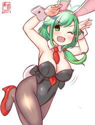 Rule 34 | 1girl, alternate costume, animal ears, antenna hair, artist logo, between breasts, black leotard, bouncing breasts, bow, bowtie, breasts, covered navel, dated, detached collar, fake animal ears, fake tail, green eyes, green hair, kanon (kurogane knights), kantai collection, large breasts, leotard, long hair, matsu (kancolle), necktie, one-hour drawing challenge, one eye closed, pantyhose, playboy bunny, rabbit ears, rabbit tail, red necktie, side-tie leotard, simple background, solo, strapless, strapless leotard, tail, traditional bowtie, white background, wrist cuffs