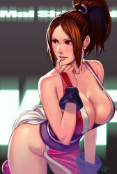 Rule 34 | 1girl, bare shoulders, breasts, brown eyes, brown hair, cleavage, fatal fury, female focus, finger to mouth, japanese clothes, large breasts, leaning forward, long hair, no bra, no panties, pelvic curtain, ponytail, rejean dubois, revealing clothes, shiranui mai, signature, smile, snk, solo, the king of fighters, thighs