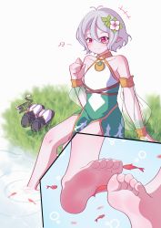 Rule 34 | 1girl, absurdres, bare shoulders, barefoot, blush, feet, fish, flower, flower on head, hair ornament, highres, kokkoro (princess connect!), medium hair, partially submerged, princess connect!, red eyes, silver hair, smile, soles, solo, toes, underwater, water, yao (pixiv9482697)