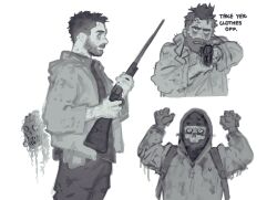 Rule 34 | 2boys, aiming, arms up, bags under eyes, beard, beard stubble, blush, call of duty, call of duty: modern warfare 2, collage, cropped torso, english text, facial hair, from side, ghost (modern warfare 2), greyscale, gun, highres, holding, holding gun, holding weapon, hood, hood up, jitome, male focus, mature male, monochrome, multiple boys, mustache stubble, pointing, pointing at another, profile, short hair, sideburns, soap (modern warfare 2), standing, stubble, thick beard, thick eyebrows, unkempt, weapon, yuli (bbgyz44), zombie