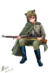 Rule 34 | 1girl, absurdres, ammunition belt, animal ears, black footwear, bolt action, brown hair, cape, cat ears, chaye mo, full body, green cape, green jacket, green pants, gun, hat, highres, holding, holding gun, holding weapon, invisible chair, jacket, long sleeves, looking at viewer, military, military hat, military jacket, military uniform, mosin-nagant, original, pants, red eyes, rifle, signature, simple background, sitting, smile, solo, soviet, uniform, weapon, white background, world war ii