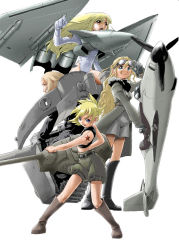 Rule 34 | 4girls, aircraft, airplane, blonde hair, boots, caterpillar tracks, eurofighter typhoon, goggles, highres, jet, junkers ju 87, long hair, luftwaffe, mecha musume, mikuni aoi, military, military vehicle, motor vehicle, multiple girls, original, russia, simple background, t-34, tank, tiger i, vehicle, wehrmacht