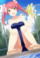 Rule 34 | 1girl, :d, bad feet, barefoot, chain-link fence, competition school swimsuit, day, dutch angle, fence, from below, nishikawa ari, one-piece swimsuit, open mouth, original, outdoors, pool, poolside, red hair, school swimsuit, smile, solo, swimsuit, twintails, water gun, yellow eyes