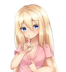 Rule 34 | 1girl, absurdres, blonde hair, blue eyes, blush, closed mouth, commission, dot nose, finger to mouth, hair between eyes, hand up, highres, klaius, long hair, looking at viewer, original, pink shirt, shirt, short sleeves, shushing, simple background, solo, twitter username, upper body, watermark, white background