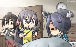 Rule 34 | 10s, 3girls, akebono (kancolle), alternate costume, apron, bed, bed sheet, bedroom, bell, brushing teeth, closed eyes, commentary request, cowboy shot, eyepatch, flower, hair bell, hair between eyes, hair flower, hair ornament, hair over one eye, hamu koutarou, highres, indoors, jingle bell, kantai collection, long hair, looking at another, multiple girls, nagato (kancolle), open door, open mouth, purple eyes, purple hair, red eyes, school uniform, serious, short hair, side ponytail, sportswear, tenryuu (kancolle), toothbrush, towel, towel around neck, under covers, very long hair, waking up, wavy mouth, wooden wall