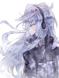Rule 34 | 1girl, blue eyes, blush, camouflage, earmuffs, hammer and sickle, hat, hibiki (kancolle), kantai collection, kvlen, long hair, looking to the side, parted lips, silver hair, solo, upper body, verniy (kancolle), white hat