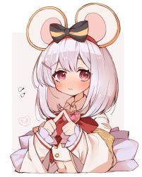 Rule 34 | 1girl, animal ears, blush, brooch, collared shirt, crop top, fake animal ears, flying sweatdrops, granblue fantasy, hair ornament, hairband, hairclip, heart, heart brooch, index fingers together, jewelry, k0bo43, looking at viewer, medium hair, mouse ears, navel, raised eyebrows, red eyes, shirt, solo, upper body, vikala (granblue fantasy), wavy mouth, white hair, white shirt