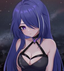 Rule 34 | 1girl, acheron (honkai: star rail), armpit crease, bare shoulders, black choker, breasts, choker, cleavage, collarbone, commentary request, criss-cross halter, hair over one eye, halterneck, highres, honkai: star rail, honkai (series), large breasts, light blush, long hair, looking at viewer, multicolored hair, night, night sky, purple eyes, purple hair, russian commentary, sky, solo, star (sky), streaked hair, upper body, zxcsque
