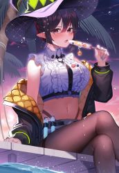 Rule 34 | 1girl, absurdres, amahara subaru, black hair, black hat, black jacket, blue nails, blush, breasts, brown pantyhose, chest harness, collared shirt, crossed legs, elf, fang, feet out of frame, food, food on clothes, grey shorts, hair between eyes, harness, hat, highres, holding, holding food, indie virtual youtuber, isonade orca, jacket, large breasts, long sleeves, looking at viewer, micro shorts, midriff, multicolored hair, nail polish, navel, off shoulder, open clothes, open jacket, open mouth, outdoors, palm tree, pantyhose, pointy ears, popsicle, red eyes, red hair, revision, shirt, short hair, shorts, sidelocks, sitting, skin fang, sleeveless, sleeveless shirt, solo, streaked hair, test tube, tree, virtual youtuber, water, white shirt, witch hat