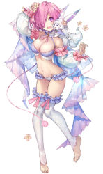 Rule 34 | 1girl, ;d, achan (blue semi), alternate costume, animal, animal on shoulder, arm up, barefoot, blue bra, bow, bow panties, bra, breasts, choker, cleavage, collarbone, detached sleeves, eyes visible through hair, fate/grand order, fate (series), flower, fou (fate), frilled panties, frills, full body, hair flower, hair ornament, hair over one eye, head tilt, large breasts, leg up, leg warmers, mash kyrielight, one eye closed, open mouth, panties, pink flower, pink hair, pink ribbon, ribbon, short hair, simple background, smile, solo, standing, standing on one leg, toeless legwear, underwear, white background, white panties