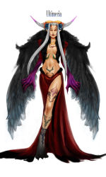 Rule 34 | 1990s (style), 1girl, breasts, cleavage, dress, female focus, final fantasy, final fantasy viii, full body, fur collar, gloves, grey hair, horns, long dress, long hair, makeup, midriff, navel, red dress, retro artstyle, solo, tattoo, ultimecia, white background, wings