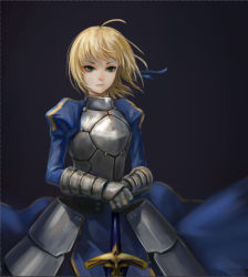 Rule 34 | 1girl, ahoge, armor, armored dress, artoria pendragon (fate), blonde hair, caliburn (fate), dress, fate/stay night, fate (series), green eyes, makesi, planted sword, planted, saber (fate), solo, sword, weapon