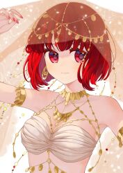 Rule 34 | 1girl, arima kana, bare shoulders, bob cut, closed mouth, earrings, highres, inverted bob, jewelry, looking to the side, oshi no ko, red eyes, red hair, see-through shawl, shawl, shirt, short hair, simple background, smile, solo, upper body, white background, white shirt, xiang yu pai
