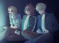 Rule 34 | 3boys, :d, atou haruki, black shirt, blonde hair, blue shirt, breast pocket, brown hair, brown pants, chinese commentary, chromatic aberration, closed mouth, collared shirt, commentary request, controller, couch, film grain, green eyes, green jacket, highres, holding, holding controller, isoi reiji, jacket, light brown hair, light particles, long sleeves, male focus, multiple boys, naku (naku999ziye), on couch, open clothes, open jacket, open mouth, open shirt, pants, parted bangs, playing games, pocket, saibou shinkyoku, sanpaku, shinano eiji, shirt, short hair, sitting, smile, sweat, v-neck, white shirt, yellow shirt