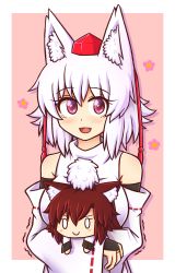 Rule 34 | &gt;:), 0 0, 1girl, animal ears, blush, breasts, bridal gauntlets, brown hair, commentary, detached sleeves, eyelashes, fang, flower, hat, highres, imaizumi kagerou, inubashiri momiji, long hair, looking at viewer, open mouth, pink background, pom pom (clothes), red eyes, stuffed toy, tokin hat, touhou, v-shaped eyebrows, white hair, wolf ears, wool (miwol)