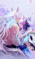 Rule 34 | 2boys, animal ears, aphelios, bandaged hand, bandages, closed eyes, closed mouth, couple, earrings, facial mark, falling petals, fiiiiiiisher7, highres, holding hands, horns, jewelry, large pectorals, league of legends, long hair, male focus, medium hair, multicolored hair, multiple boys, muscular, muscular male, necklace, outdoors, pectorals, petals, pink hair, purple hair, sett (league of legends), smile, spirit blossom aphelios, spirit blossom sett, topless male, white hair, yaoi