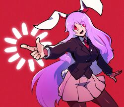 Rule 34 | 1girl, animal ears, black jacket, blazer, breasts, brown pantyhose, bullet print, buttoned cuffs, buttons, collared shirt, contrapposto, finger gun, happy, highres, iganashi1, jacket, long hair, long sleeves, medium breasts, moon rabbit, necktie, one-hour drawing challenge, open mouth, pantyhose, pink skirt, pleated skirt, purple hair, rabbit ears, rabbit girl, rabbit tail, red eyes, red necktie, reisen udongein inaba, shirt, skirt, solo, tail, touhou, very long hair, white shirt