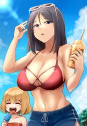 2girls alternate_costume beach bikini black_shorts blonde_hair breasts brown_hair coffee cup disposable_coffee_cup disposable_cup dolphin_shorts eyewear_on_head food girls_und_panzer height_difference highres holding holding_cup katyusha_(girls_und_panzer) kitayama_miuki large_breasts long_hair multiple_girls nonna_(girls_und_panzer) popsicle red_bikini short_hair short_shorts shorts starbucks sunglasses swimsuit