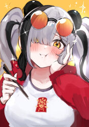 Rule 34 | 1girl, aizuki sui, animal ears, arknights, blush, chopsticks, eating, eyewear on head, feater (arknights), feater (gourmet) (arknights), full mouth, hair over one eye, hand on own cheek, hand on own face, highres, holding, holding chopsticks, jacket, multicolored hair, panda ears, red jacket, shirt, streaked hair, sunglasses, twintails, white shirt, yellow background