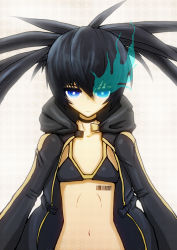 Rule 34 | 10s, barcode, black hair, black rock shooter, black rock shooter (character), blue eyes, coat, midriff, simple background, white background