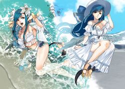 1girl angel_wings armpits asymmetrical_wings bare_shoulders bikini blue_hair blue_sky braid braided_ponytail breasts cleavage closed_mouth cloud dizzy_(guilty_gear) dress flower front_slit guilty_gear guilty_gear_strive hair_flower hair_ornament hat highres large_breasts long_hair low-tied_long_hair mature_female monster_girl multiple_views navel nishimoto ocean open_mouth queen_dizzy red_eyes ribbon sandals sidelocks sky sun_hat swimsuit tail tail_ornament tail_ribbon thighs water white_bikini white_dress white_flower wings yellow_flower