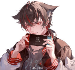 Rule 34 | 1boy, animal ears, black jacket, black shirt, brown hair, buttons, chinese commentary, closed mouth, commentary request, eyelashes, hair between eyes, highres, holding game cartridge, jacket, jersey, long sleeves, looking at viewer, male focus, multicolored hair, nintendo switch, open clothes, open jacket, original, pink lips, red eyes, red hair, shirt, short hair, simple background, smile, solo, streaked hair, thick eyebrows, torn clothes, torn shirt, upper body, watermark, weibo logo, weibo watermark, white background, white sleeves, wolf ears, zhi senliang