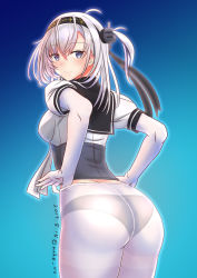 Rule 34 | 1girl, ass, back, black headband, black panties, black sailor collar, blue background, breasts, clothes writing, corset, cowboy shot, dated, gloves, gradient background, hachimaki, hair between eyes, hair flaps, headband, kantai collection, long hair, looking at viewer, looking back, looking to the side, medium breasts, moke ro, no pants, one side up, panties, panties under pantyhose, pantyhose, sailor collar, shirt, short sleeves, silver hair, solo, suzutsuki (kancolle), twitter username, underwear, undressing, white gloves, white neckwear, white shirt