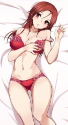 Rule 34 | 1girl, bad id, bad twitter id, bed, blush, bra, grabbing another&#039;s breast, breasts, collarbone, grabbing, grabbing own breast, groin, highres, large breasts, minna-dietlinde wilcke, momendoufu, navel, panties, parted lips, red bra, red eyes, red hair, red panties, shiny skin, solo, strike witches, underwear, underwear only, world witches series