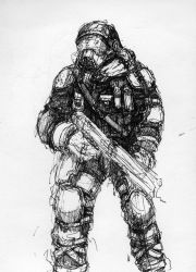 Rule 34 | greyscale, gun, helmet, male focus, monochrome, pipiko, sketch, soldier, weapon