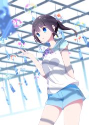 Rule 34 | 1girl, a.a (aa772), blue eyes, blue shorts, blurry, blurry background, blurry foreground, breasts, brown hair, commentary request, depth of field, floral print, hakama-chan (aa), hand up, highres, original, parted lips, ponytail, print shirt, shirt, short shorts, short sleeves, shorts, sidelocks, small breasts, solo, white background, white shirt, wind chime
