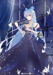 Rule 34 | 1girl, absurdres, blue dress, blue hair, butterfly hair ornament, curtains, douluo dalu, dress, earrings, hair ornament, highres, holding instrument, holding violin, instrument, jewelry, long skirt, music, playing instrument, skirt, smile, solo, strapless, strapless dress, tang wutong (douluo dalu), upper body, violin, window, wulin meng zhu 106