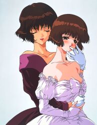 Rule 34 | 2girls, bare shoulders, blush, breasts, bridal gauntlets, brown eyes, brown hair, cleavage, closed eyes, collarbone, dress, finger to another&#039;s mouth, gloves, hug, hug from behind, multiple girls, non-web source, original, pink dress, red lips, short hair, simple background, strapless, strapless dress, utatane hiroyuki, white background, white gloves, yuri