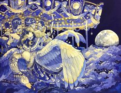 Rule 34 | 1girl, above clouds, acrylic paint (medium), animal, arm up, bird, blue capelet, blue sky, blush, brown eyes, brown hair, capelet, carousel, closed eyes, clothed animal, cloud, constellation print, crescent, female focus, flying, frilled capelet, frilled sleeves, frills, full moon, gemini (constellation), highres, jewelry, long hair, long sleeves, matching hair/eyes, moon, night, open mouth, original, outdoors, painting (medium), ribbon, riding, riding bird, sidelocks, sky, solo, star (sky), star (symbol), susutouka, swan, swept bangs, tassel, traditional media, white ribbon