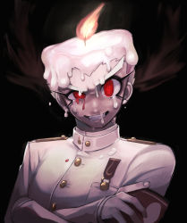 Rule 34 | 1boy, absurdres, black background, blood, bloody tears, commentary request, crossed arms, crying, crying with eyes open, danganronpa: trigger happy havoc, danganronpa (series), fire, gloves, highres, ishida (danganronpa), ishimaru kiyotaka, long sleeves, looking at viewer, male focus, military, octo (sumidanagi), red eyes, solo, tears, uniform, upper body, wax, white hair